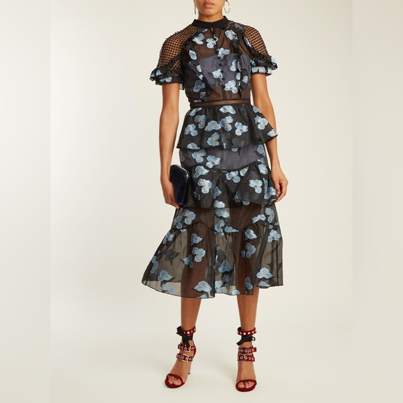 Self-Portrait Dresses & Skirts - Self-Portrait Black & Blue Floral Fil Coupe Cape Detail Tiered Midi Dress 6